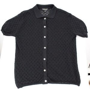 Style & Co Black Open Knit Short Sleeve Button Up Collered Shirt Size XLarge